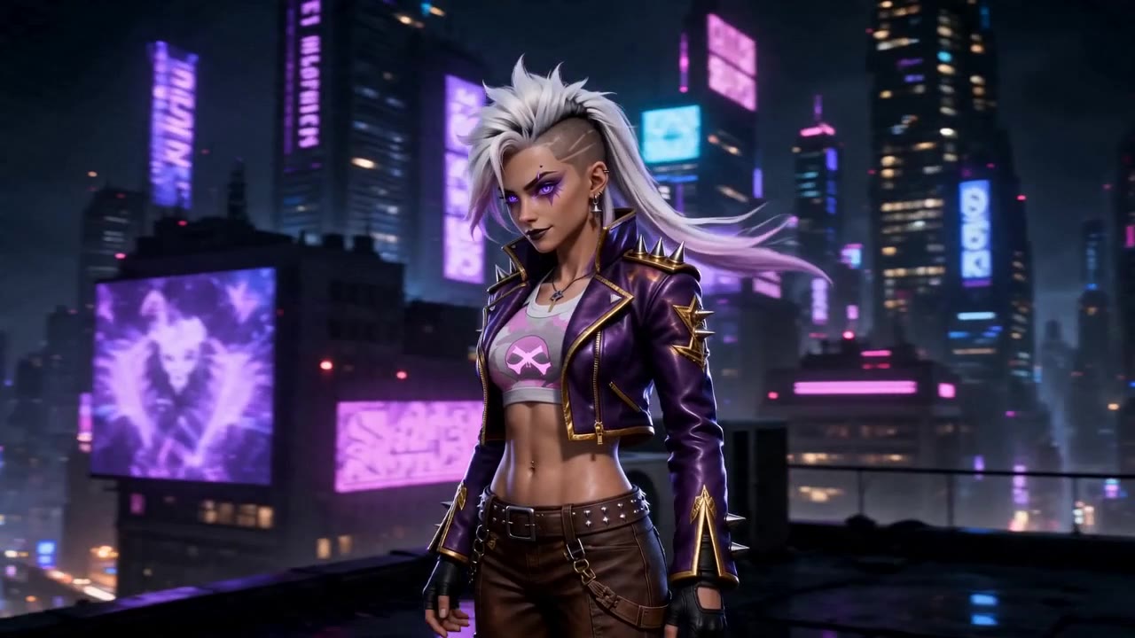 Figur mit weißem Haar und violetter Jacke