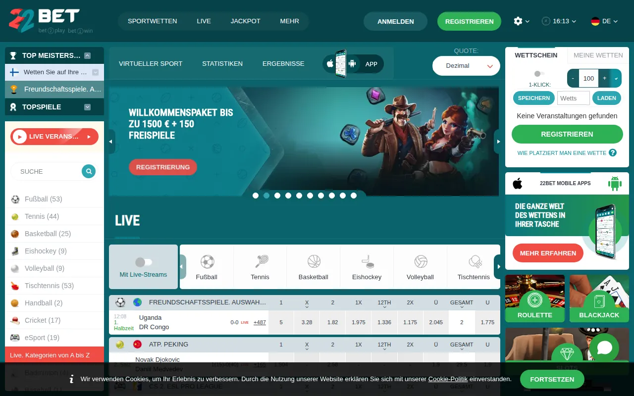 Startseite von 22bet.com (Screenshot)